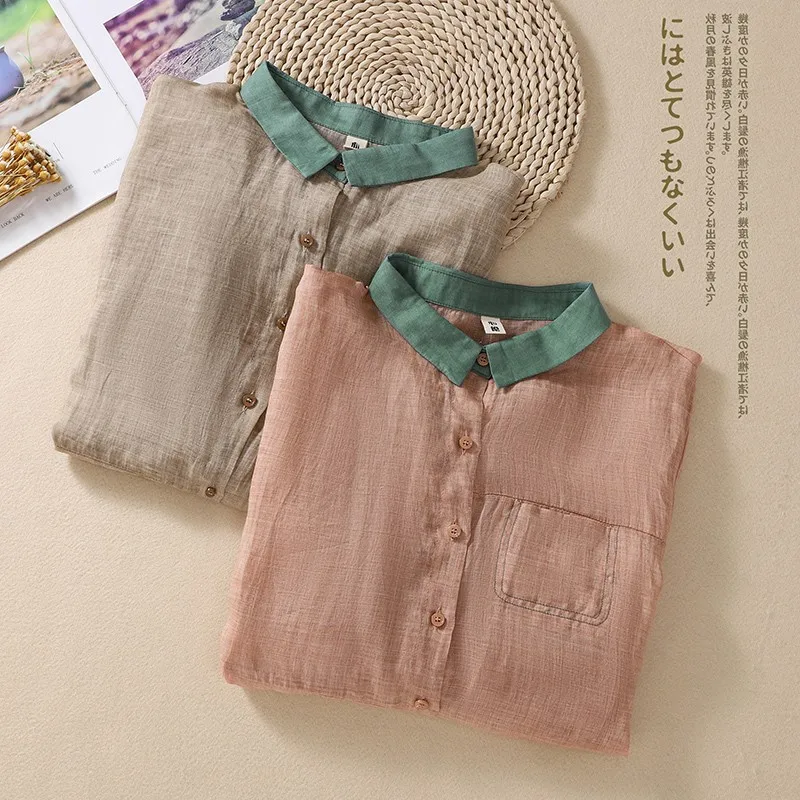 Женская рубашка с отложным воротником повседневная однобортная блузка из хлопка