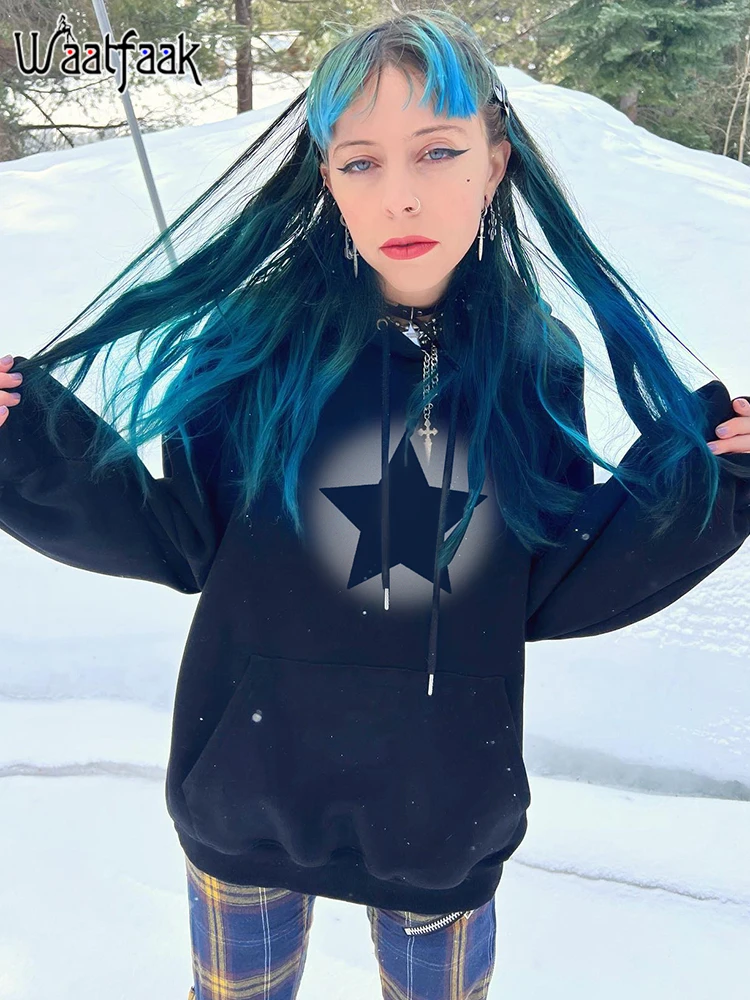 

Waatfaak Y2K Punk Hippie Oversize Hoodie Dark Academia Star Printed Retro Black Aesthetic Goth Grunge Hoodies Women Streetwear