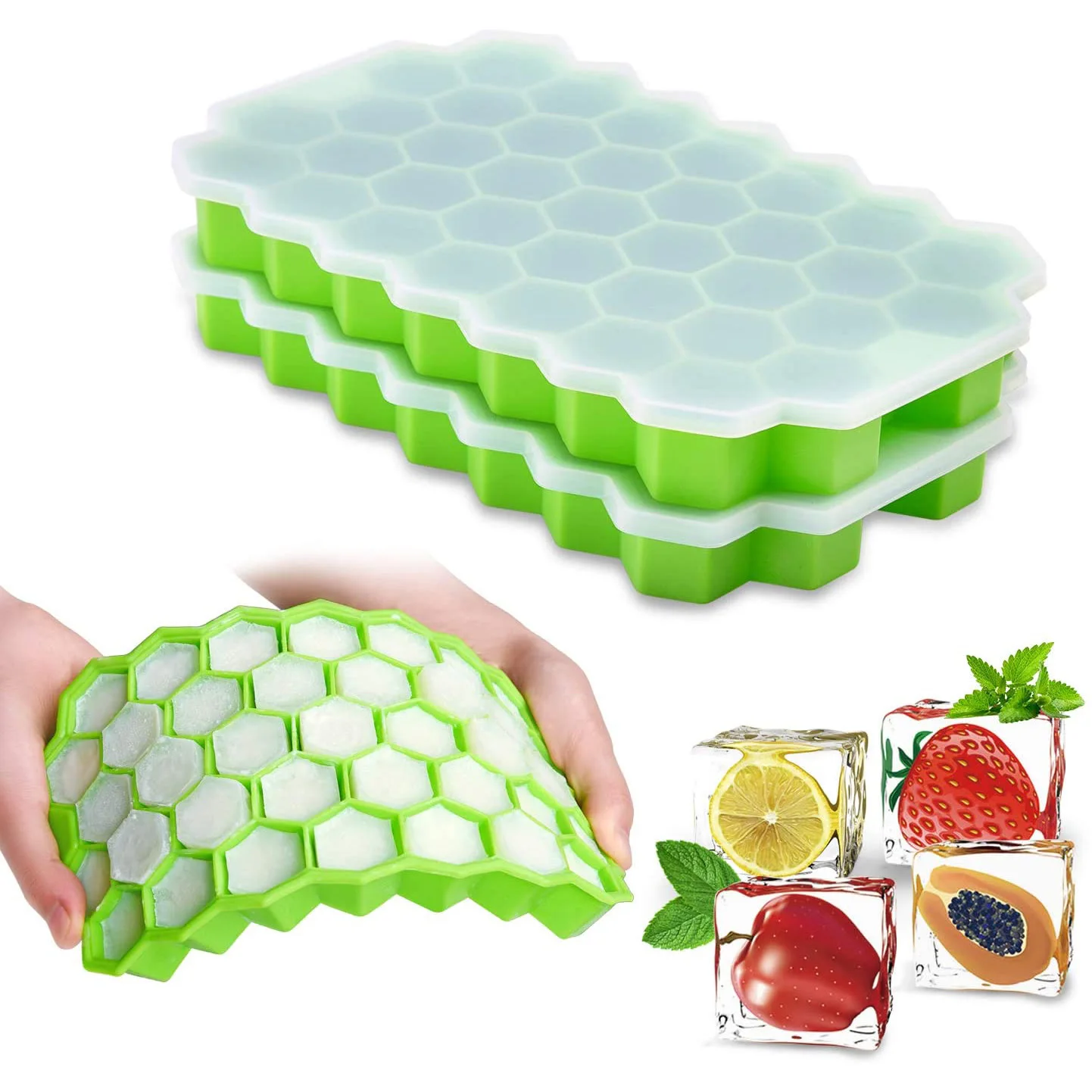 

37 Grids Honeycomb Ice Cube Trays Reusable Silicone Ice Cube Mold for Beverage Beer Summer Whiskey Cocktail With Cover