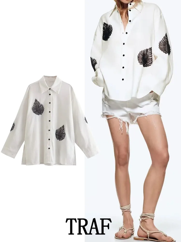 

TRAF ZA ree 2022 Woman Beaded Decoration Shirt Women Spring Casual Commute Long Sleeve Turn Down Collar Elegant Female Shirts