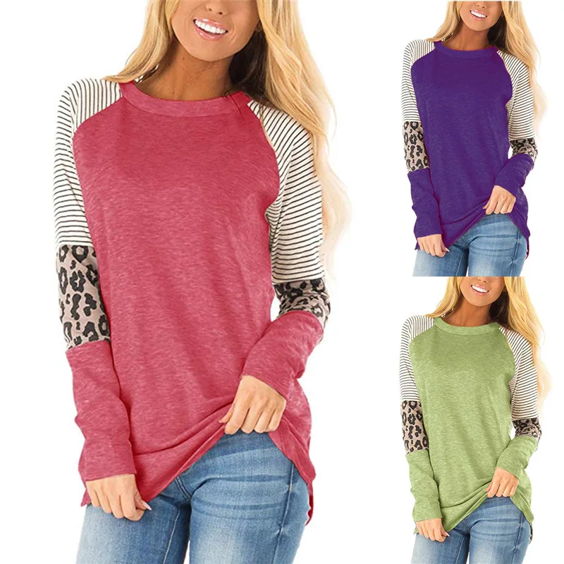 

Women's T-Shirt 2022 Spring Autumn Fashion Leopard Stripe Patchwork Crewneck Long Sleeve Blouses Casual Ladies Streetwear Tops