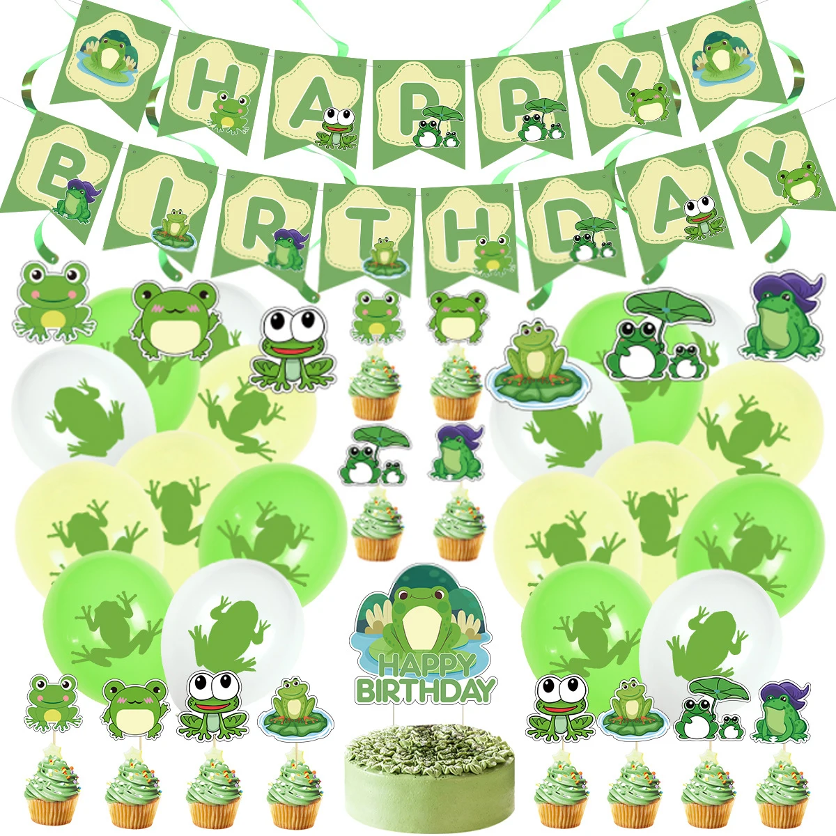 

JOYMEMO Green Frog Theme Birthday Party Decoration Balloon Set with Cake Topper Hanging Swirls Happy Birthday Banner for Kids