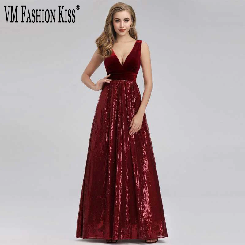 VM FASHION KISS New V-neck Sleeveless Floor-to-ceiling Sequins Large Swing Stitching Velvet Elegant Performance Evening Dress