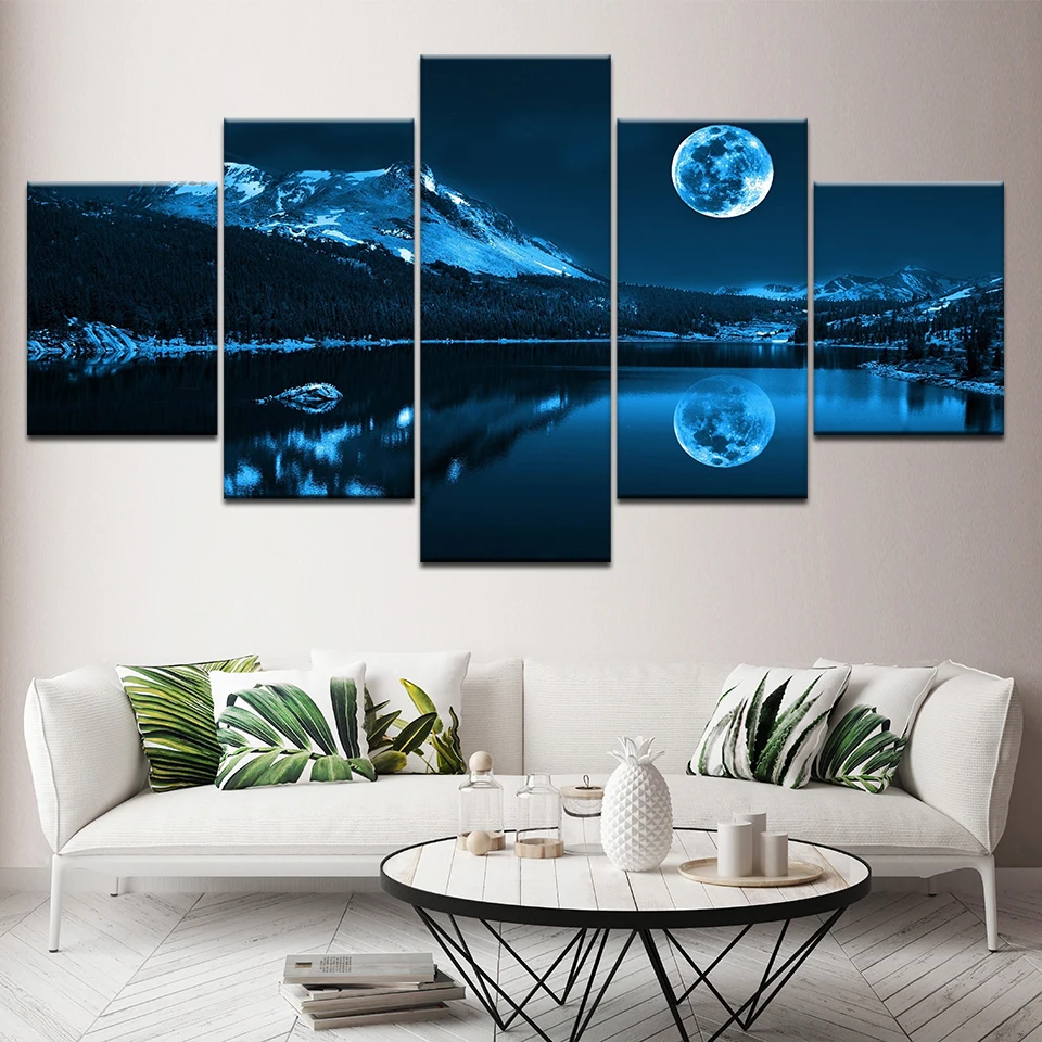 

Abstract Blue Moon Night Scene Decoration Paintings 5 Pieces Canvas Art Wall Picture Print Modern Home Decor Living Room Artwork