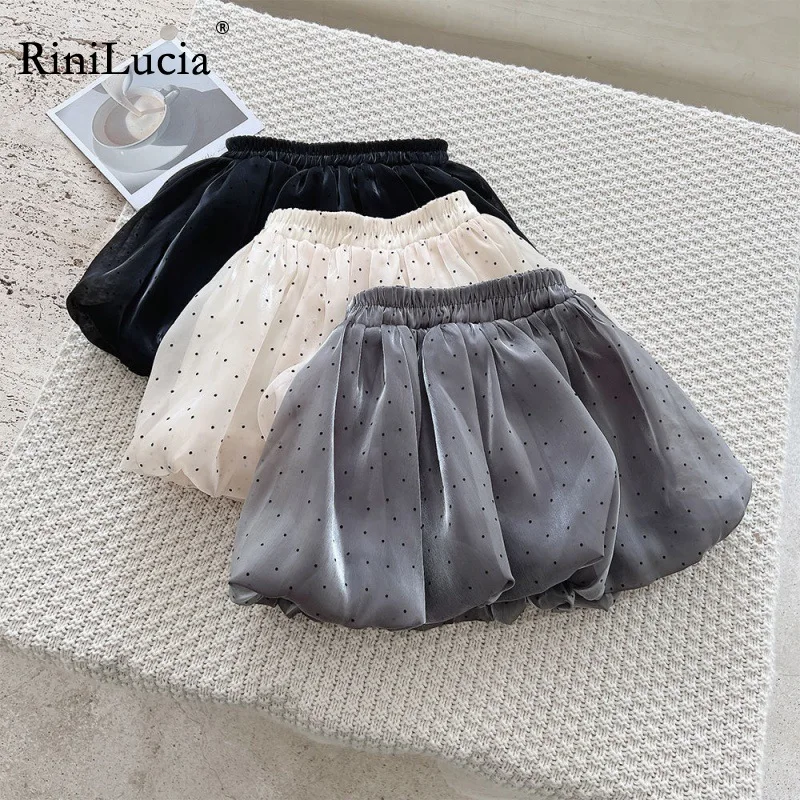 

RiniLucia Kids Girls Dot Print Bud Skirts 2022 Princess Chiffon Skirts Black Gray Cute Bubble Skirts Baby Girls Puffy Skirt
