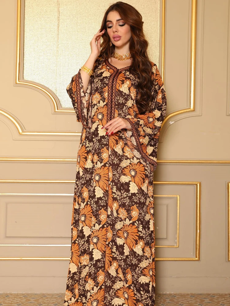 

Turkey Muslim Spring Summer Women Dress Abaya Kaftan Print Floral Elegant Maxi Vestidos Eid Mubarak Sundress Robe Long Dress