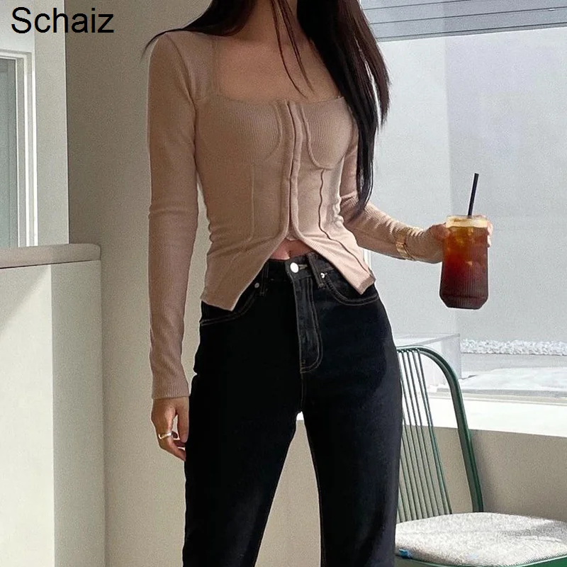 

Women's T-shirt Bottomed T-shirt Women's Autumn And Winter Style Inside With Stitching Pure Style Square Neck Slim Fit Top