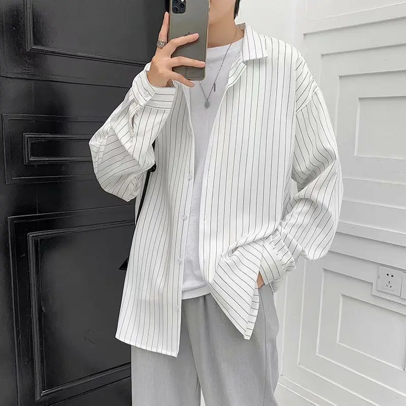 

2022 New Cotton Long Sleeve Men's Shirt Loose Fit Man Business Casual Shirts Classic Striped Male Social Dress Shirts B421