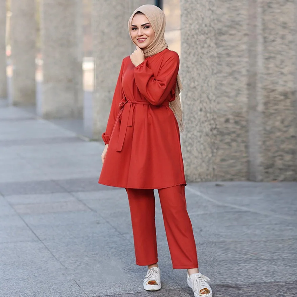 Muslim Plus Size 2PCS Suit Women's Arab Girl Solid Color Long Sleeve Suit Dresses Muslim Woman Turban Burkini Muslim Woman 2022