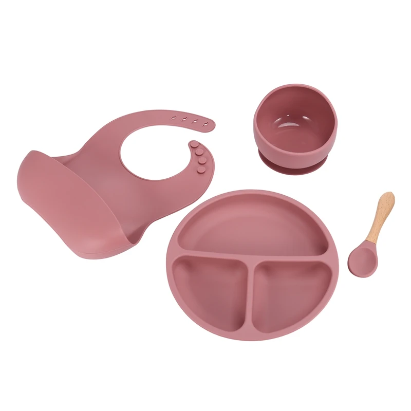 

4Pcs Bibs Waterproof Soft Silicone Baby Feeding Stuff Sucker Bowl Dining Plate And Spoon Suitable For Children Babies