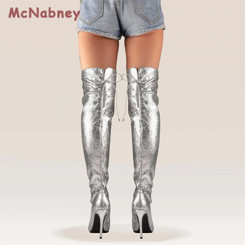 Women Over The Knee Boots Silver Fish Scale Side Zipper Stiletto Heels Boots Fashion Pointed Toe Cross Straps Thigh Boots