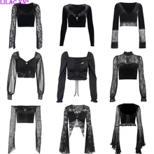 Goth Sexy Lace Flared Long Sleeve Corset Crop Tops Women Aesthetic Black Velvet V-Neck T-shirts Y2K Vintage Tops Tees Streetwear