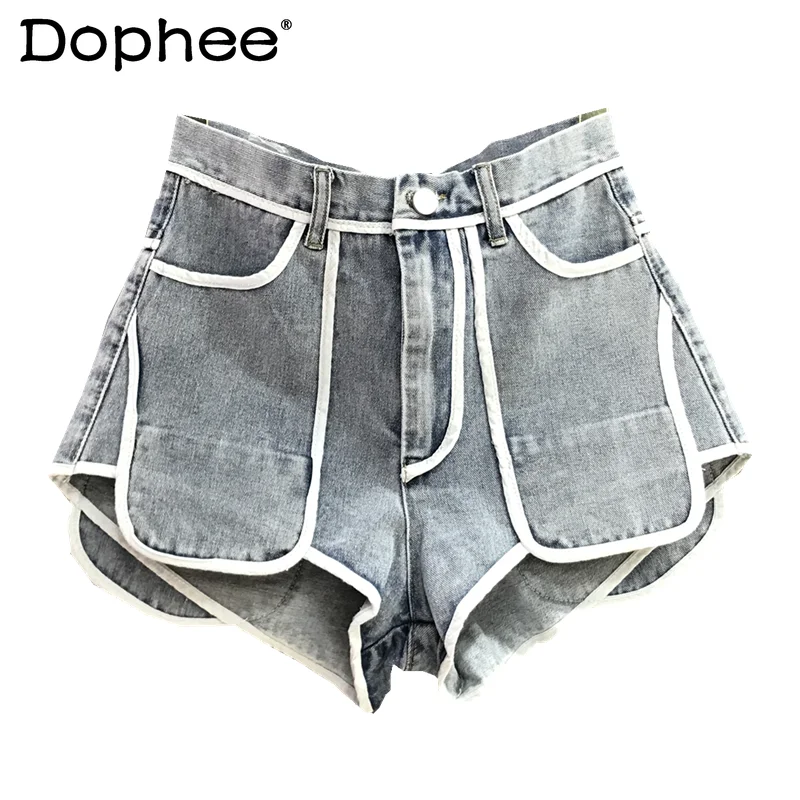 

Шорты в европейском стиле с завышенной талией, новинка на лето, универсальные шорты в стиле Ins контрастных цветов, облегающие трапециевидные штаны, модные женские брюки