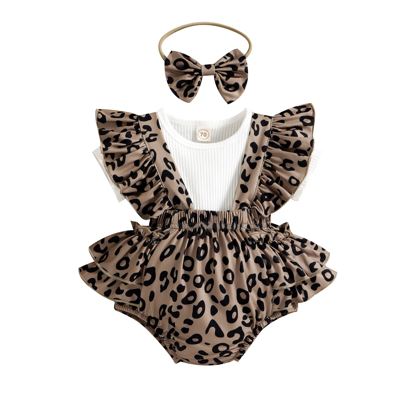 Infant Baby Girls Summer Bodysuit Short Sleeve Leopard Ruffle 3Piece Jumpsuit Dress With Headband Newborn Toddler Clothing 0-18M