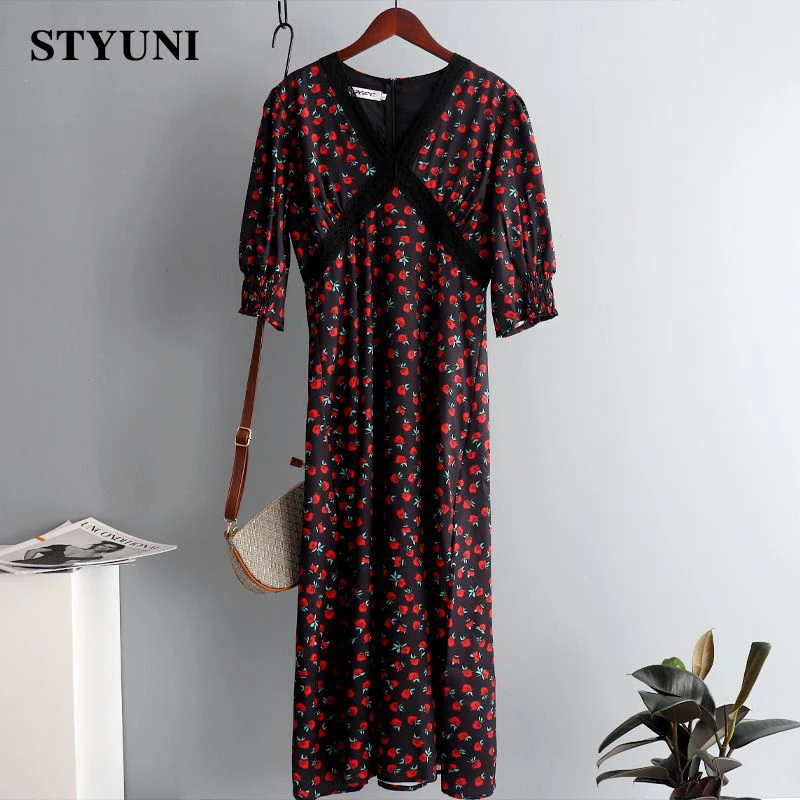 

Rose Print V-Neck Sexy Vintage Women's Dress 2022 Summer Puff Short Sleeve Lace Hollow Out Mid-Calf Party Dresses For Women