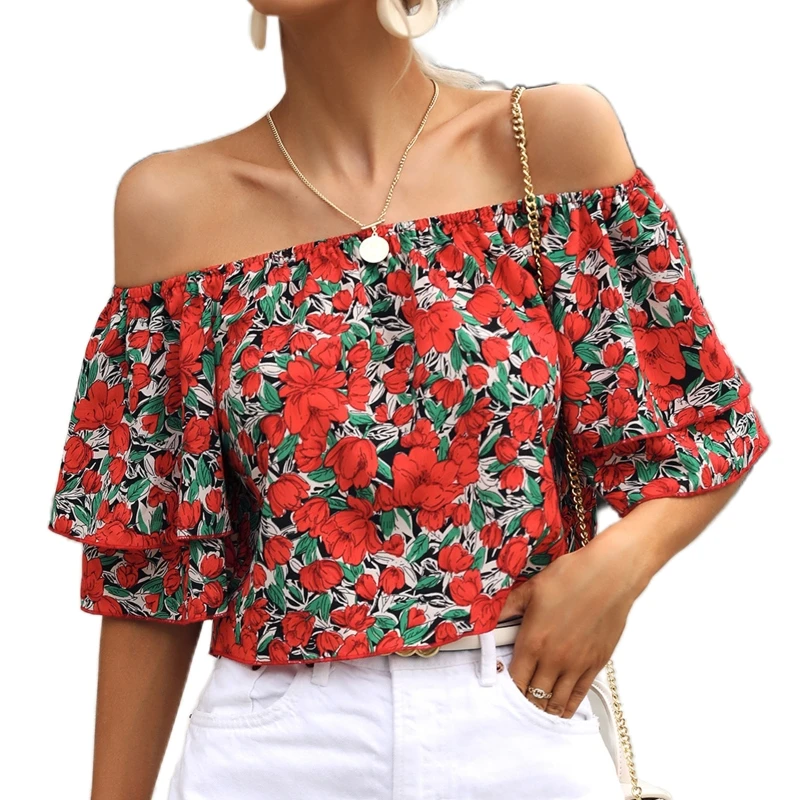

J78E Women Tiered Ruffle Half Sleeve Shirt Sexy Off Shoulder Floral Loose Blouse Top