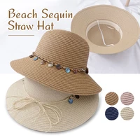 women lady girl fashion summer beach medium brim foldable travel sun straw hat cap holiday vacation casual shell design sun hat