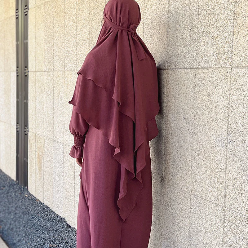 2 Layers Crepe Muslim Ramadan Islamic Clothing Solid Color Long Khimars Prayer Scarf Women Overhead Tie Back Hijab Niqab