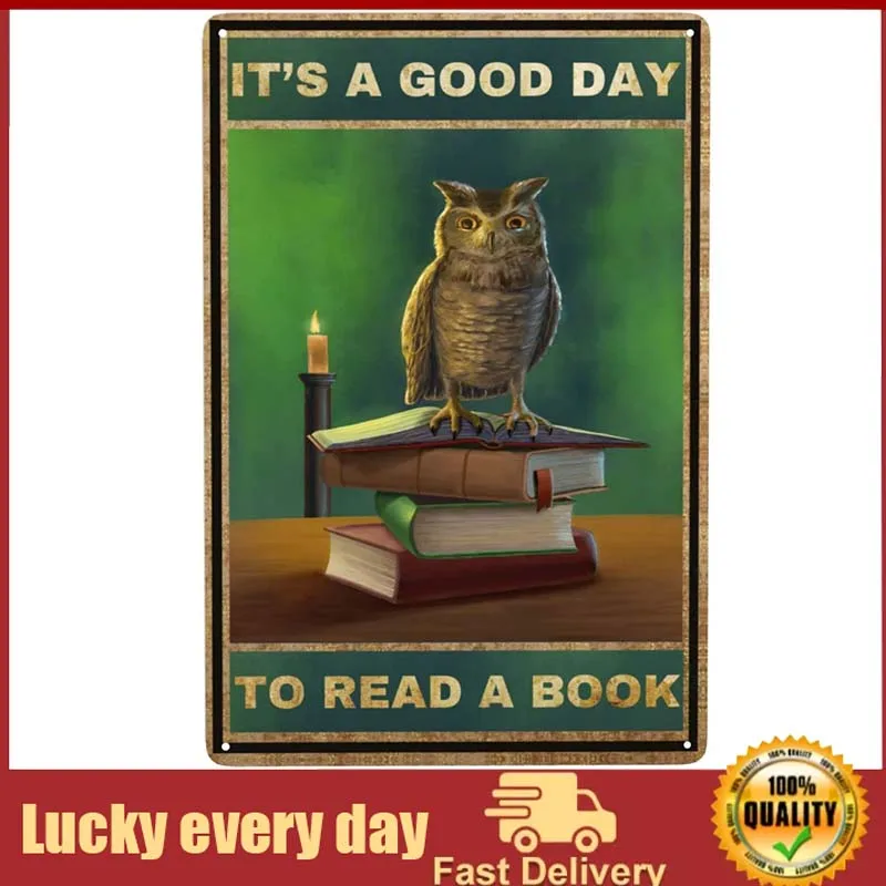

Owl with Books Vintage Metal Tin Sign, Retro Wall Decor Art Poster, Funny Home Decoration Iron Painting wall decor room decor