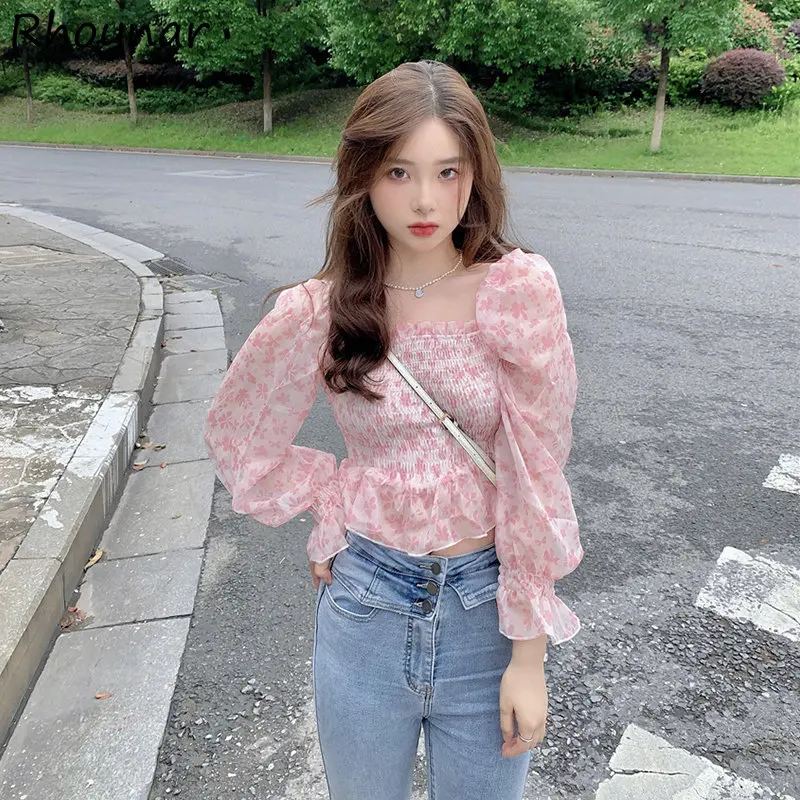 

Женская винтажная блузка с цветочным принтом, элегантная Милая весенняя одежда с длинным рукавом, модные Универсальные повседневные топы в стиле ретро