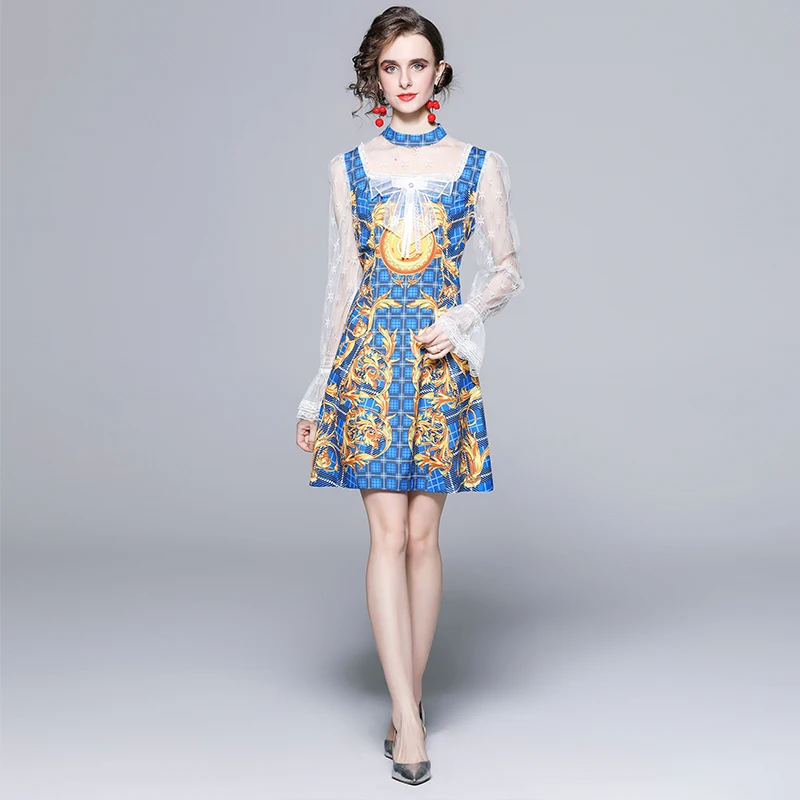 Vintage Flare Sleeve Lace Patchwork Blue Print Runway Dress Women Fashion Fake Two Piece Mini Short Party Dresses