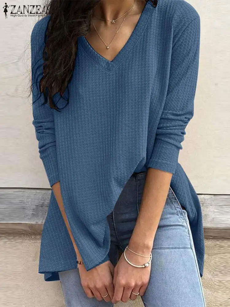 

Casual V Neck T-Shirts 2022 ZANZEA Long Sleeve Tees Spring Vintage Plaid Blusa Oversized OL Baggy Tunic Women Fashion Solid Tops