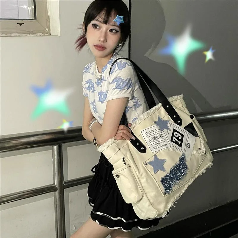 

Y2k Vintage Tote Bags for Women Canvas Star Letter Patch 2023 Designer Fashion Shoulder Bag Large Capacity Shopper Handbag