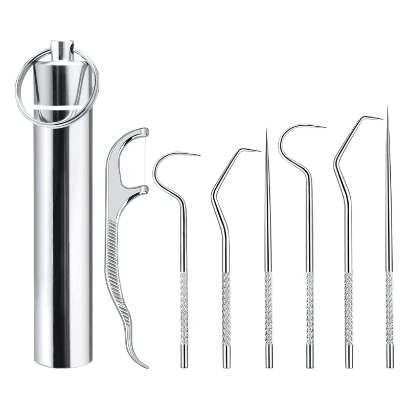 

7 шт. металлические зубочистки, Многоразовые Зубочистки из нержавеющей стали с карманным держателем зубочистки, портативные брелоки, инстр...