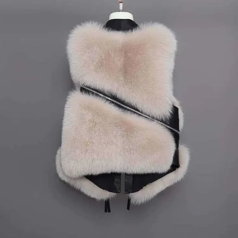 Autumn Winter Sleeveless Short Fox Fur coat Vest Women Vintage Spliced Warm Leather Fur Jacket Vest Female Waistcoat Streetwear
