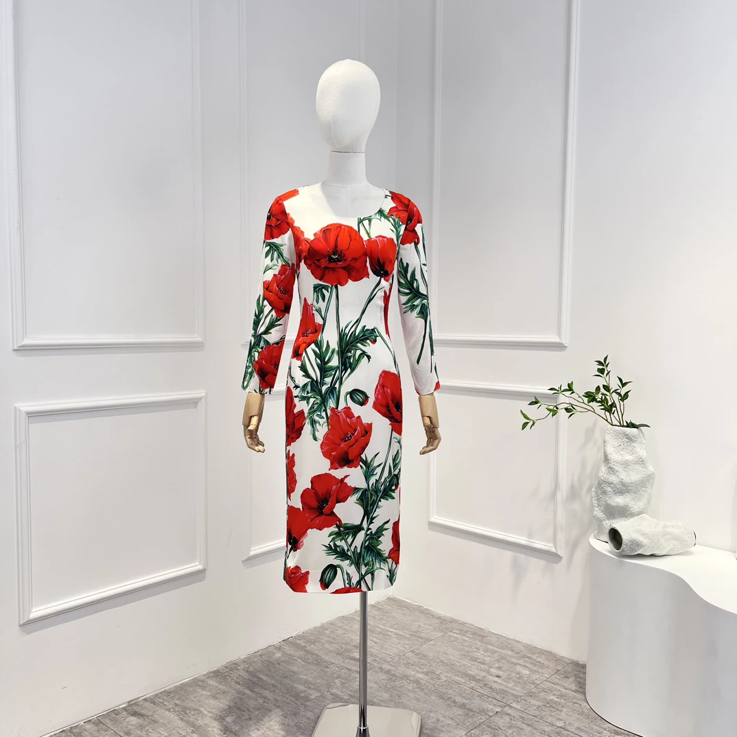 

Spring Summer Top Quality Pure Cotton Vintage Tulip Collection Printing Long Sleeve O-neck Elegant Women Midi Dress
