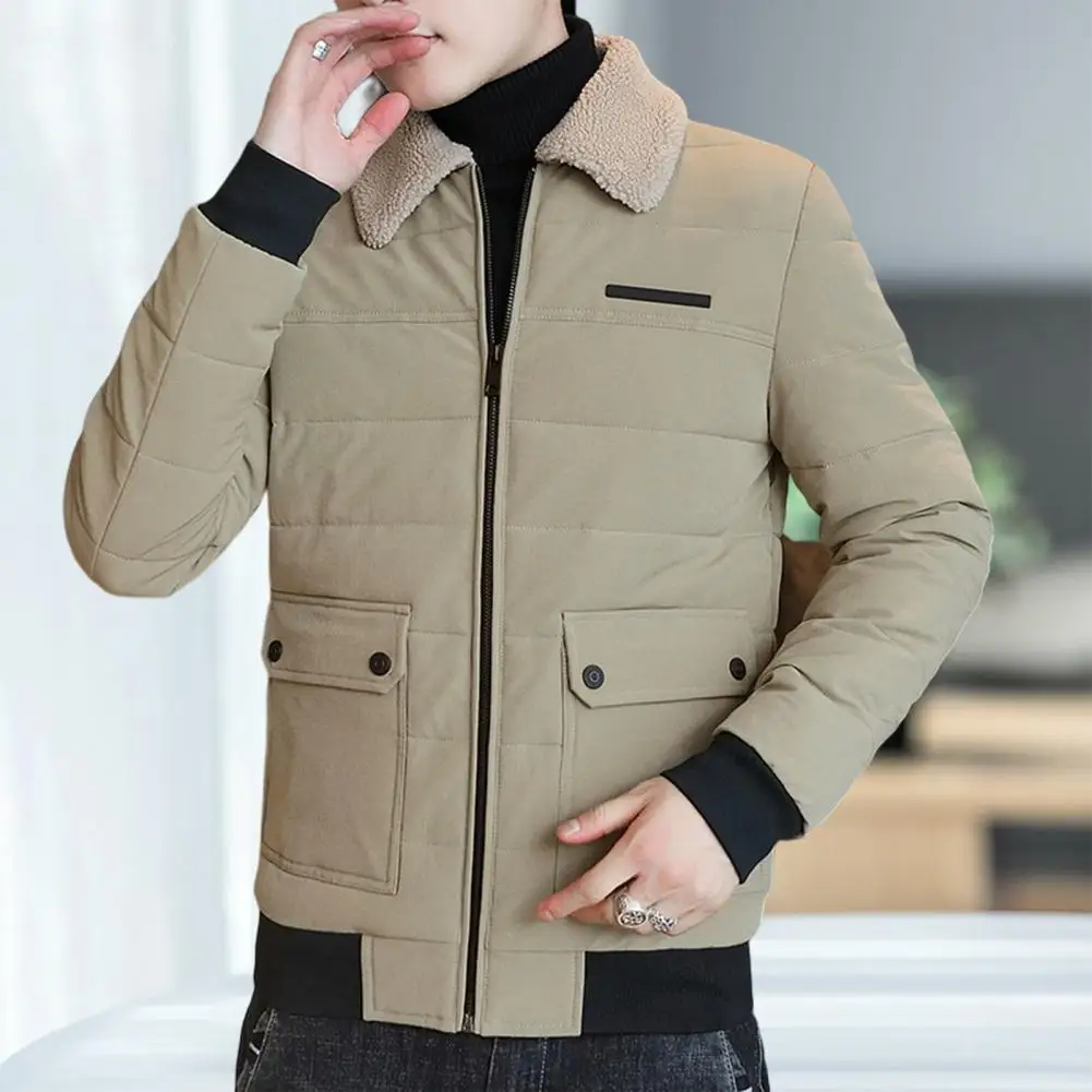 Men Winter Coat Solid Color Thicken Pockets Zipper Turn-down Collar Keep Warm Cardigan Plus Size Elastic Cuff Autumn Coat Male C
