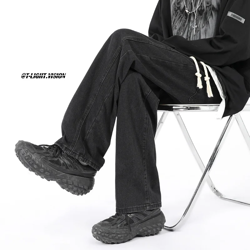 Apricot Brown Black Baggy Jeans Men Fashion Vintage Drawstring Jeans Mens Streetwear Hip-hop Loose Straight Denim Trousers Men