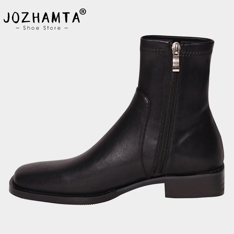 

JOZHAMTA Size 33-40 Women Ankle Boots Casual Flats Real Leather Thick Heels Winter Shoes Woman Trend 2023 Zipper Short Boots