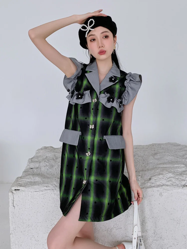 

Sweet Turn-down Collar Contrast Color Ruffles Piaid Sleeveless Pocket Mini Dress 2022 Summer Female Fashion Clothing G160