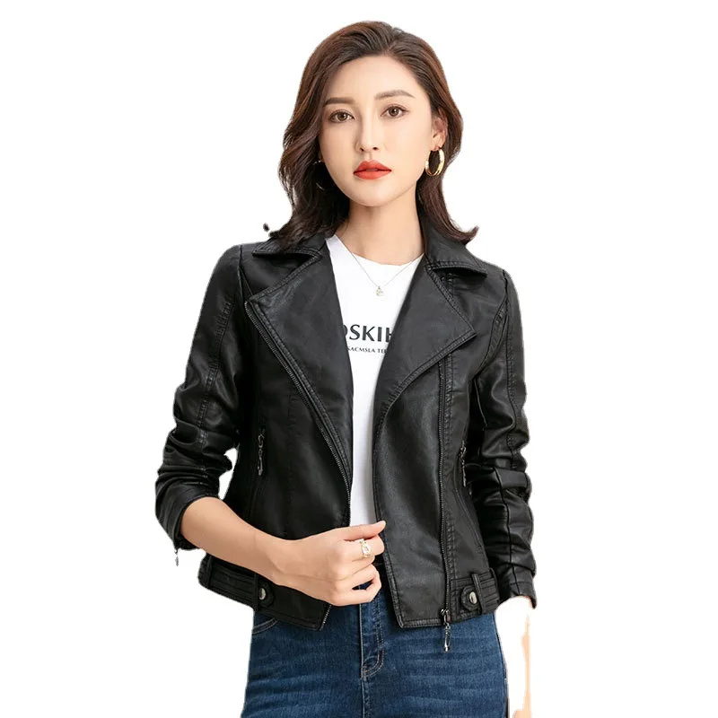 Basic Leather Top  Ladies Motorcycle Leather Jacket Spring  Autumn Thin Women's Leather Lapel Zipper Slim Korean Coat