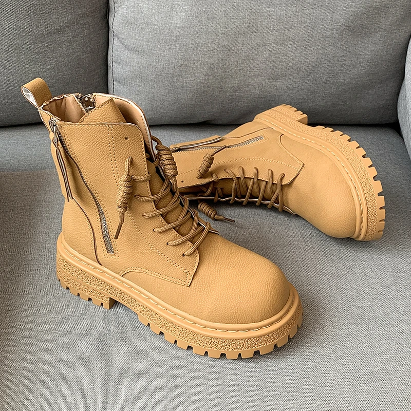 Ankle Boots for Women's Ladies Fashion Lace Up Martin Boots 2022 Winter New Women Pu Leather Platform Short Boots Botines Mujer