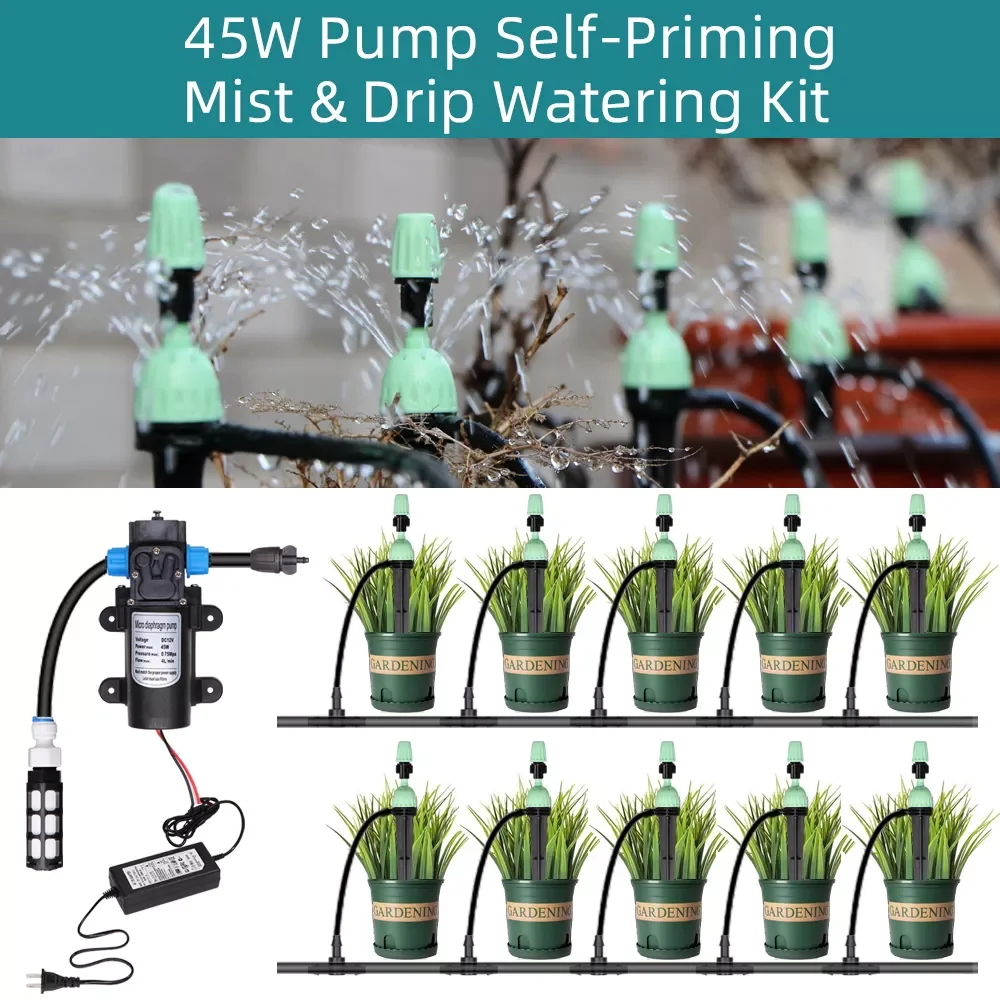

45W Pump Self-Priming Mist & Drip 2-IN-1 Watering System 110-124V Power Supply Garden Irrigation Spray Cooling Drippers