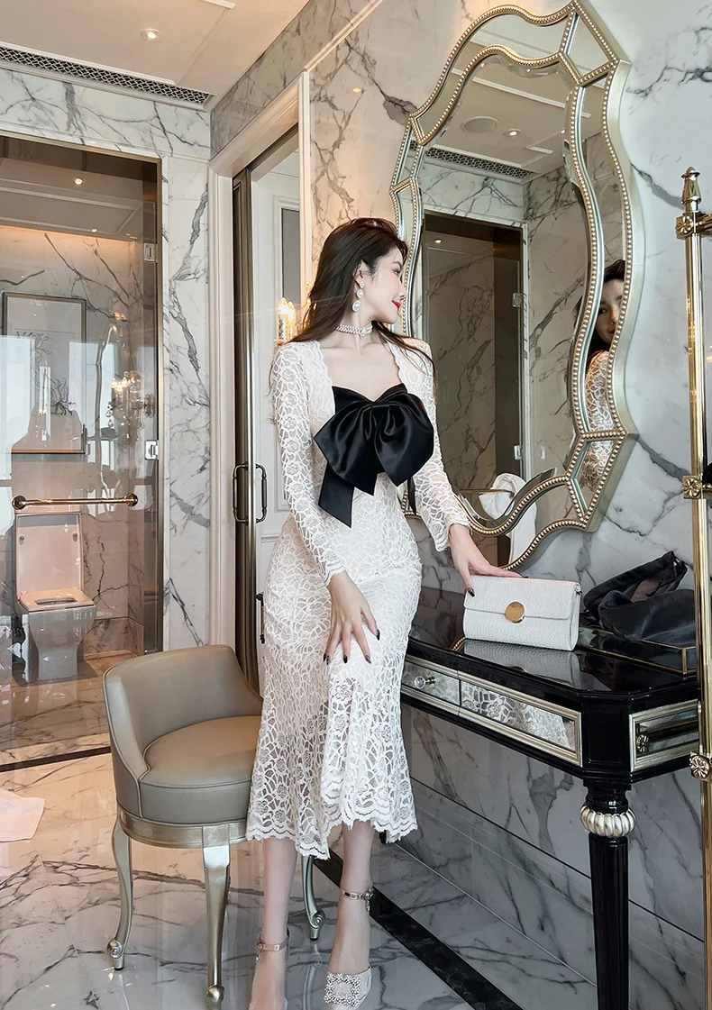 Женские платья элегантные кружевные милые ажурные женские с бантом одежда для