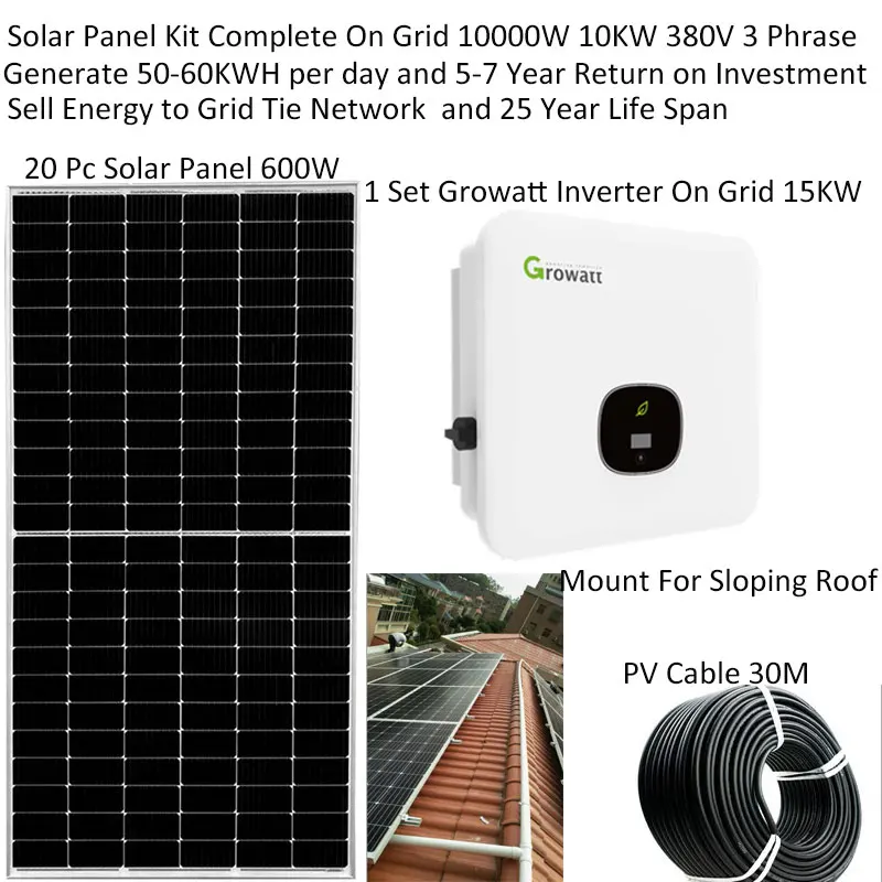 On Grid Solar Panel Kit Complete 15000W 3 Phrase Mount Growatt Grid Inverter 15KW MPPT Glass PV Module 600W Solar Home System