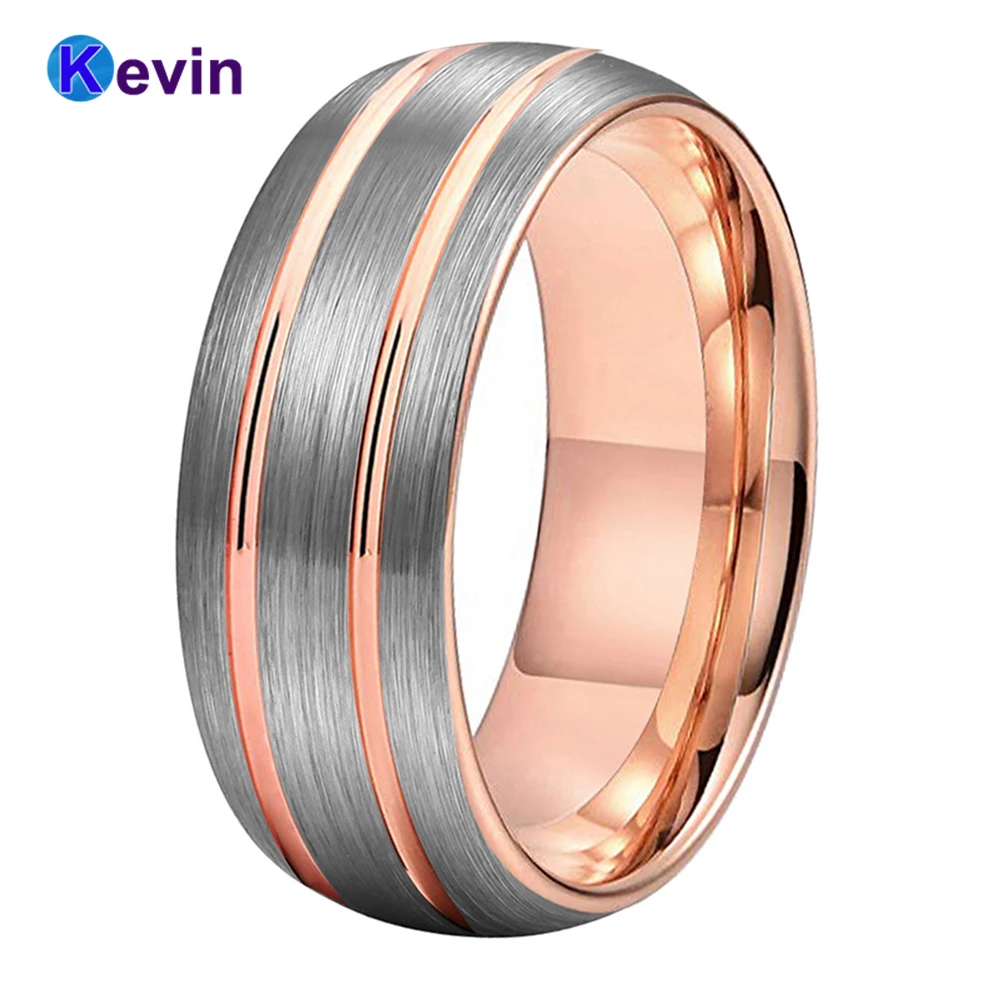 

8MM Rose Gold Tungsten Carbide Ring Men Women Wedding Band With Domed Grooved Brushed Finish Comfort Fit