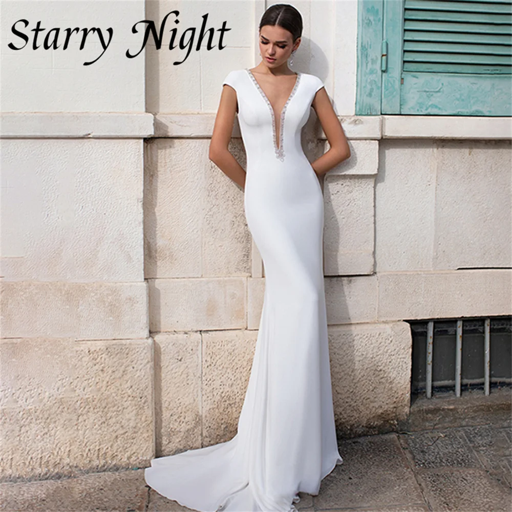 

Modern V Neck Wedding Dress For Women Mermaid Cap Sleeves Beadings Wedding Gown Sweep Dress For Bride 2022 vestidos de fiesta