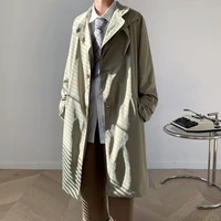 male spring mens windbreaker crdigan casual coat belts streetwear green loose lapel overcoat british trench coat jacket for men