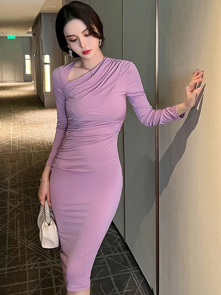 

Spring Simple Midi Dresses for Women 2022 Elegant Sexy Dress Black Red Purple Diagonal Collar Long Sleeve Bodycon Robe Female