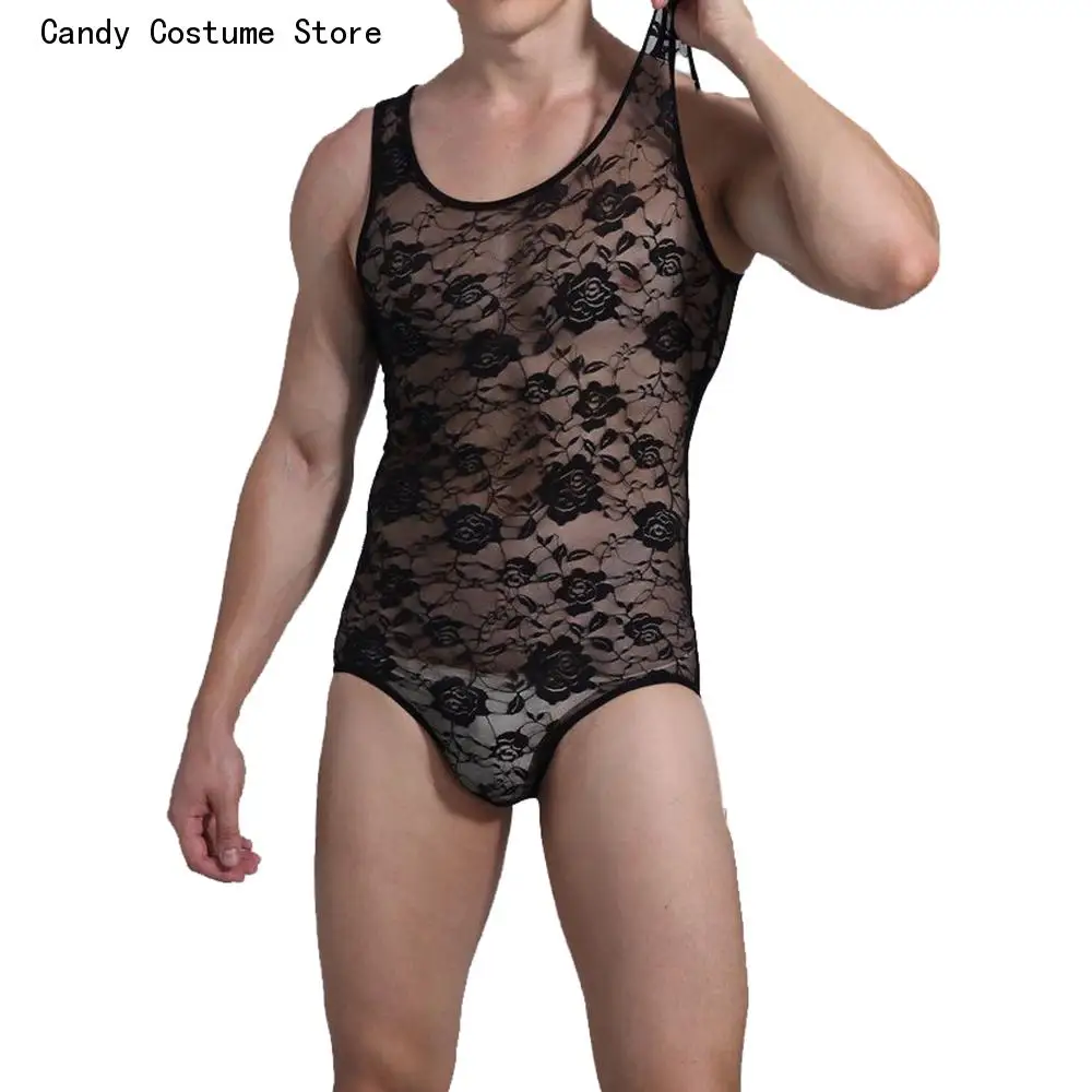 Mens Vest Shorts Jumpsuit Bodysuit Lace Sexy Onesies Male Sexy One-piece Tight Elasticity Slim Corset Body Shaper Seductive