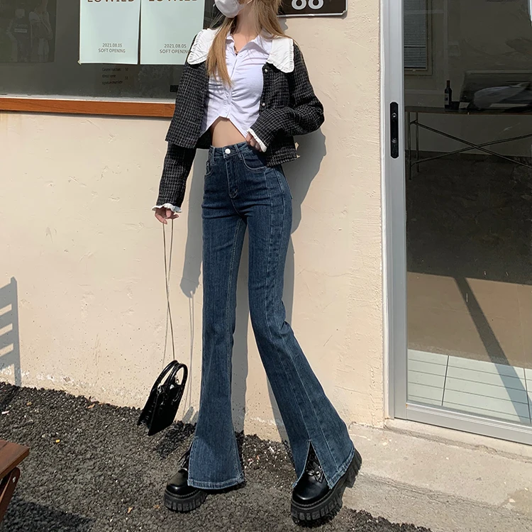

N5056 High waist slit jeans new fashion temperament straight leg wide leg jeans