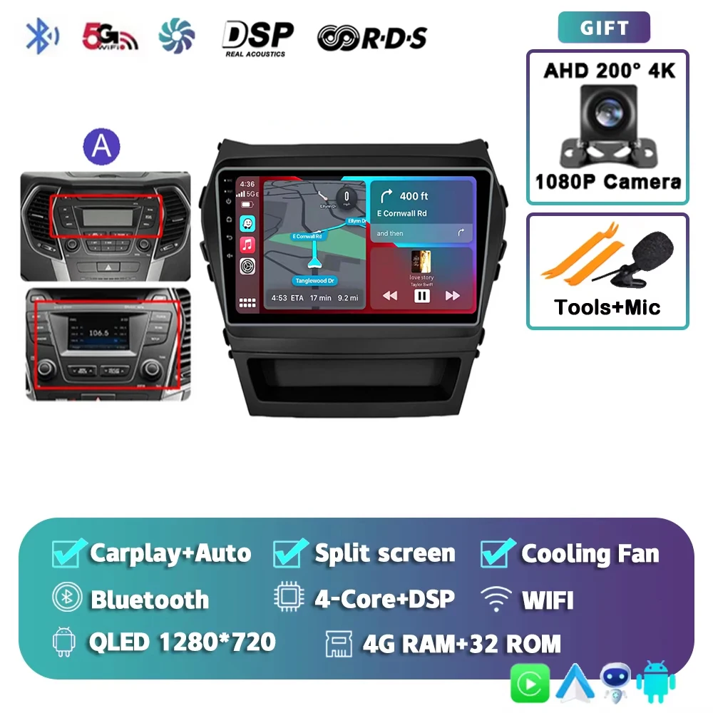 

Для Hyundai Santa Fe 3 2013-2016 Android 15 2K QLED Автомобильный радиоприемник Мультимедийный видеоплеер GPS стерео CarPlay Головное устройство 4G WIFI