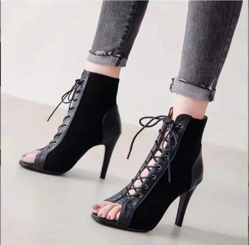 New Fashion show Black Fabric Cross strap Sexy high heel Sandals Woman shoes Pumps Lace-up Peep Toe Sandals Casual Large size