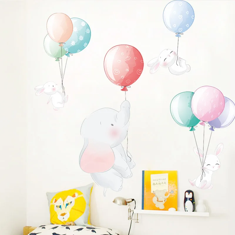 

Cute Elephant Bunny Balloon Wall Stickers for Children Kids Girls Baby Room Bedroom Decoration Nursery Wallpaper Cartoon Animals