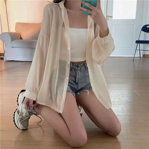 Women Long Sleeved Coat Lady Sunscreen Shirt Femal Casual Loose Shirts Thin Transparent Blouses 2023 Summer Blue Clothing