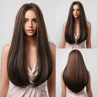 long straight synthetic wigs black with brown highlight natural hair wigs middle part for women heat resistant daily wigs